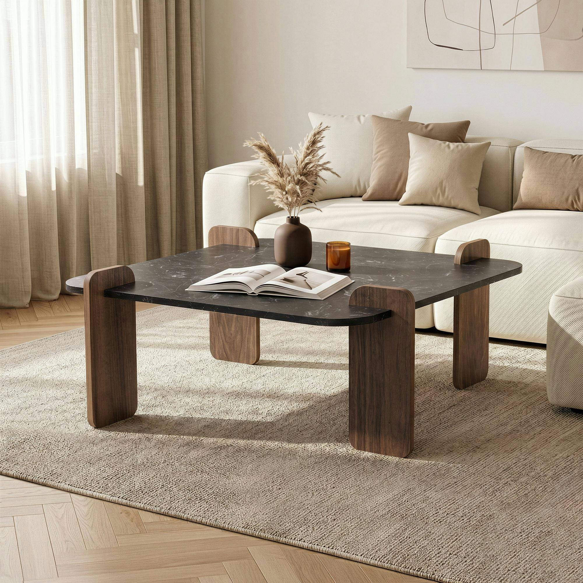 Table basse carrée décor marbré noir et noyer MARFA
