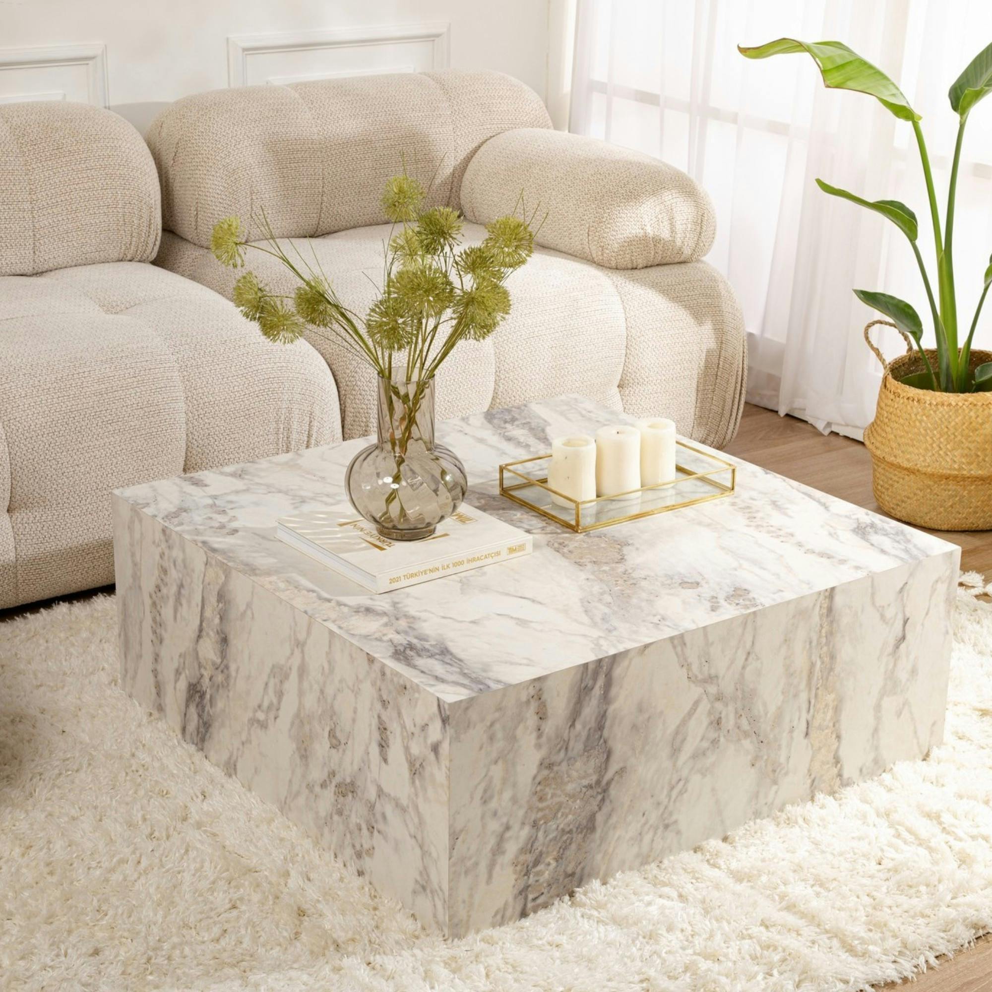 Table basse carrée design effet marbre blanc MARFA