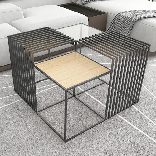 Table basse carrée design métal, bois et verre ATELIER