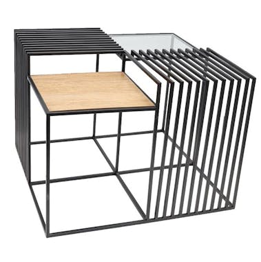 Table basse carrée design métal, bois et verre ATELIER