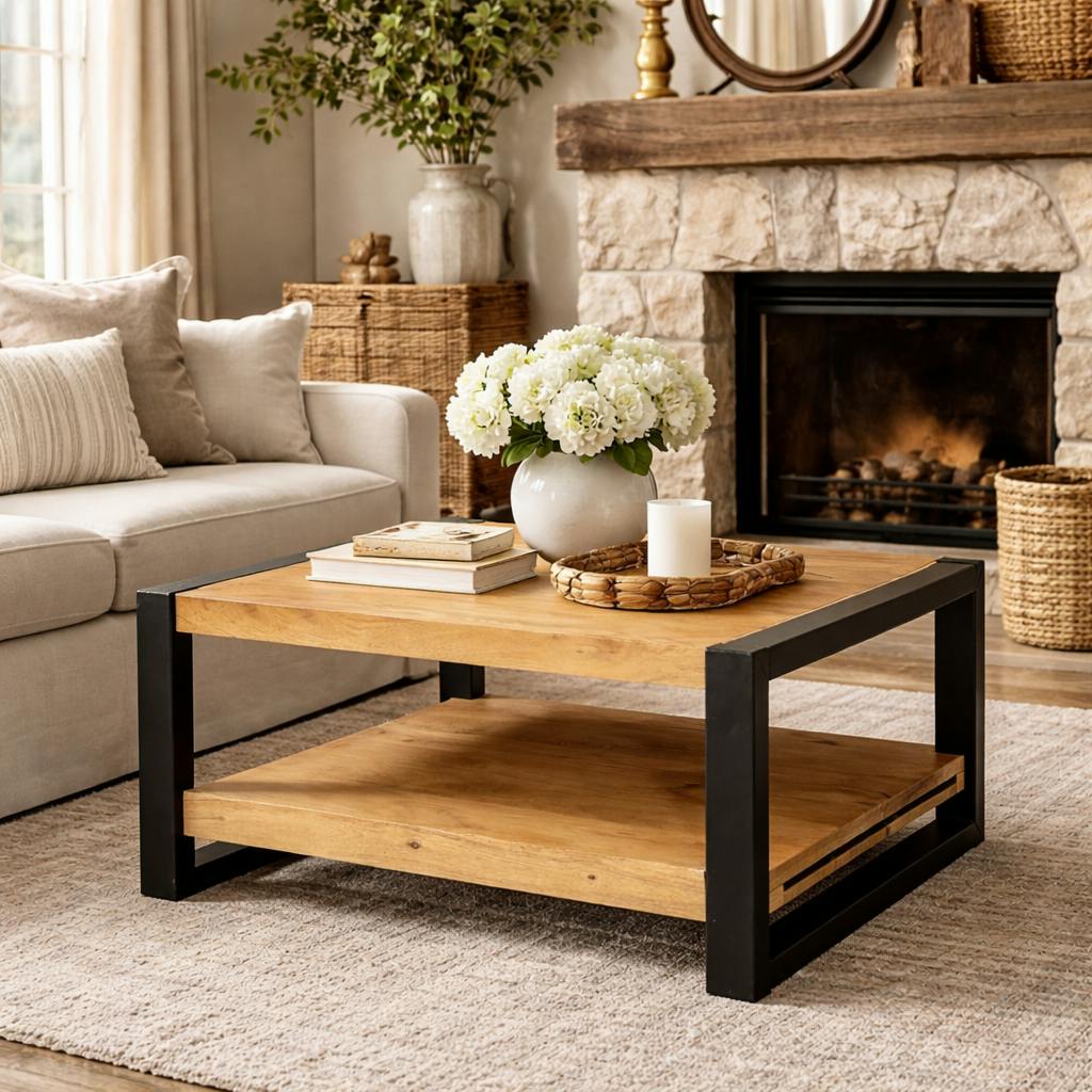 Table basse carrée double plateau bois clair métal noir MILORA