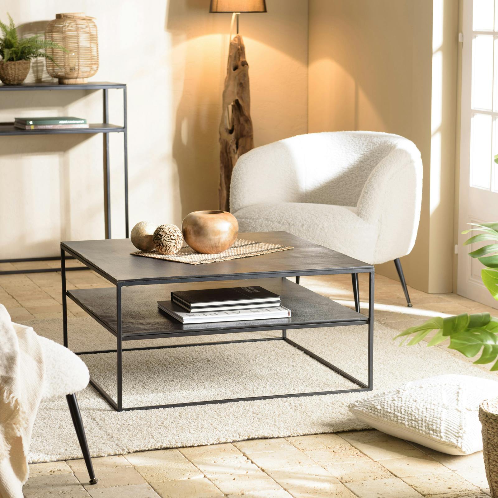 Table basse carrée double plateau en métal noir 80 cm ZALA