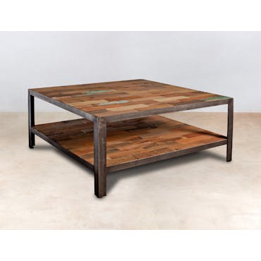  Table basse carree en bois recycle et metal de style industriel