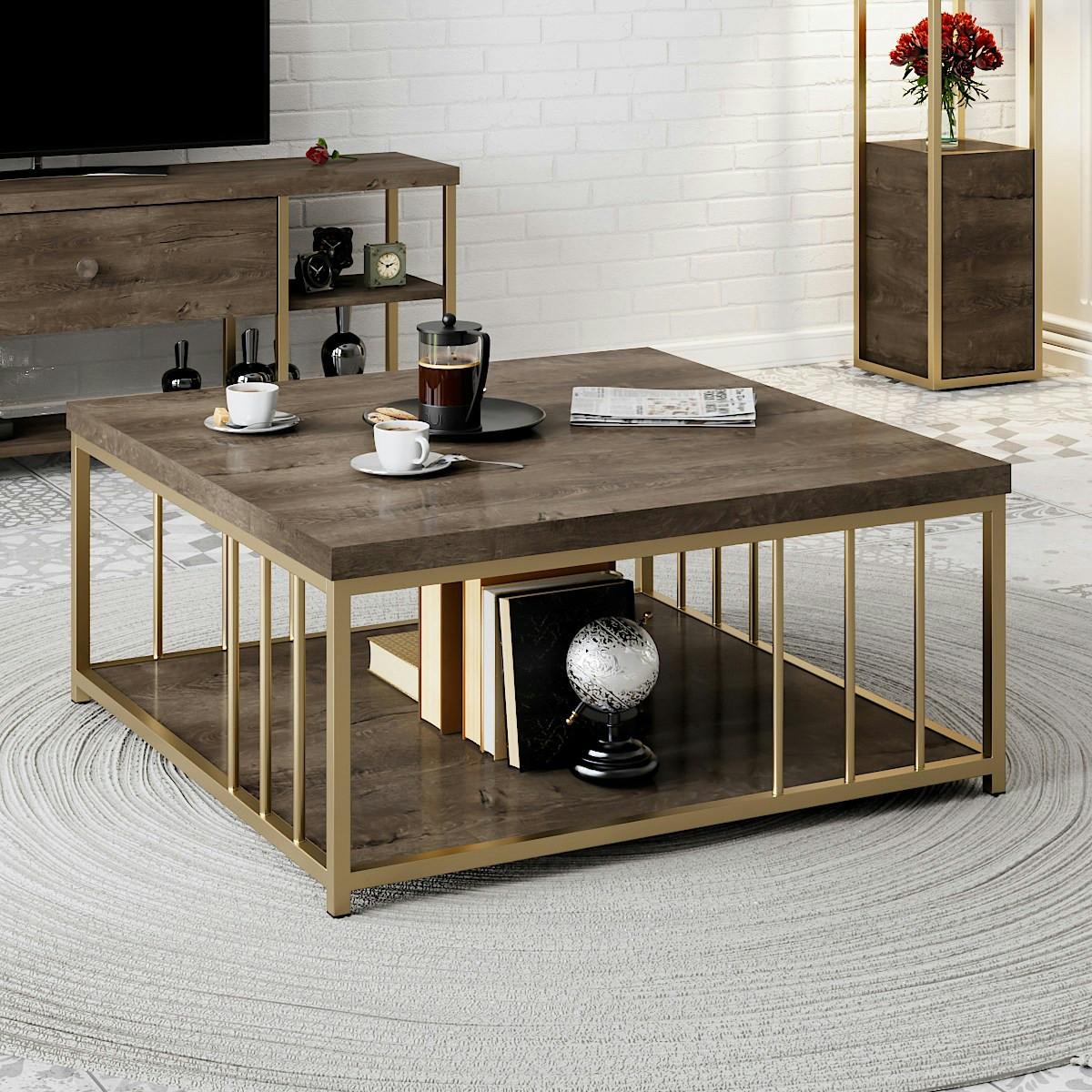 Table basse carrée effet bois foncé & structure dorée JENA