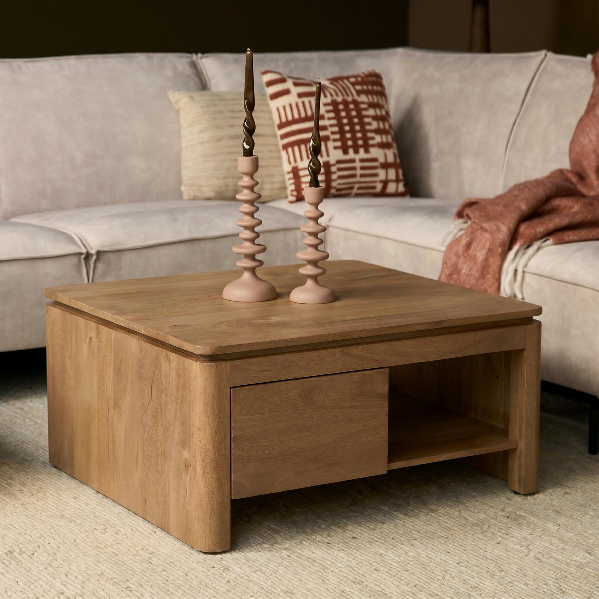 Table basse carrée en bois 2 tiroirs 1 niche KASO