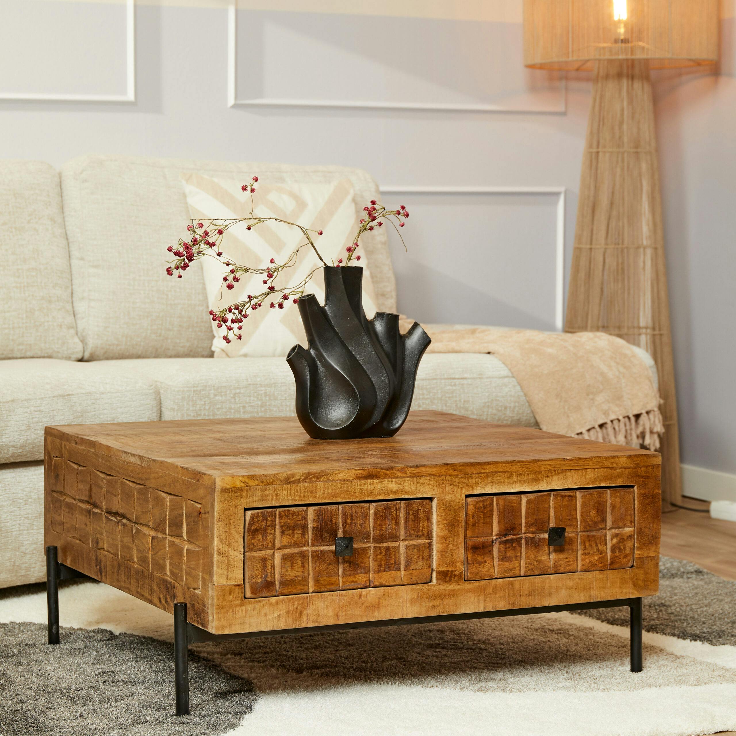 Table basse carrée en bois 4 tiroirs décor damier UDA