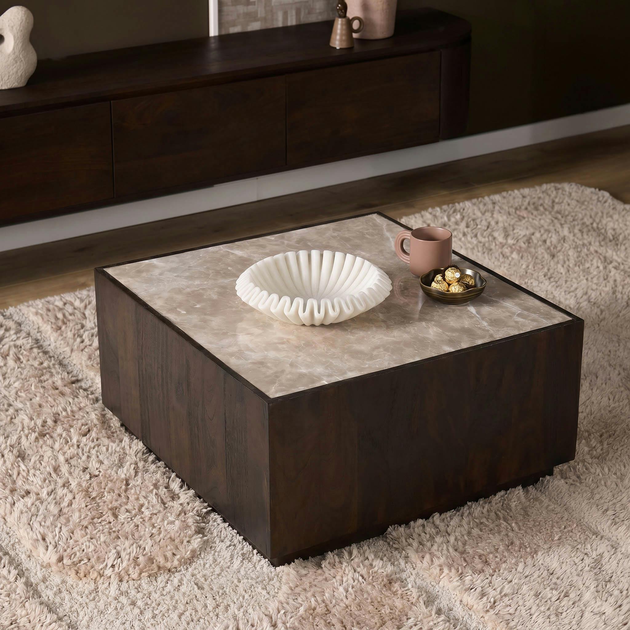 Table basse carrée en marbre et bois brun DUOMO