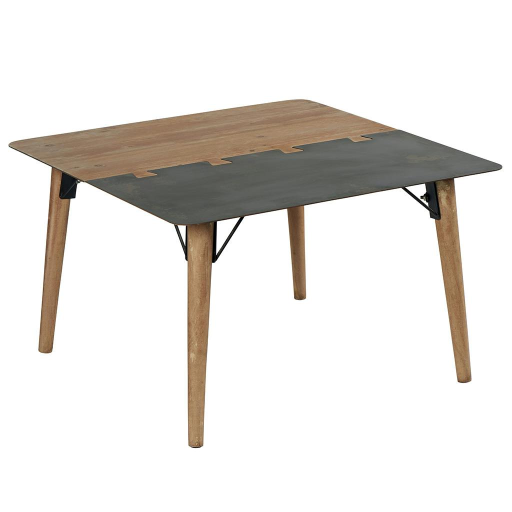 Table basse carrée en métal plaqué sapin massif et métal, et pieds bois massif 75x75x45cm VULCAN