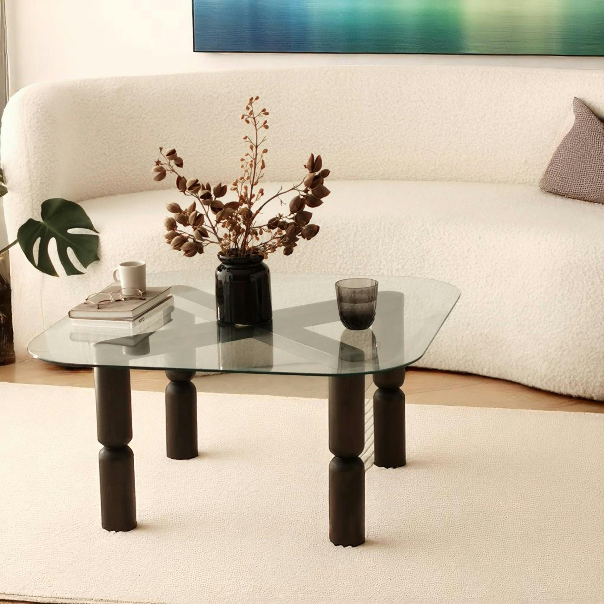 Table basse carrée en verre - pieds bois sculpté BOMA