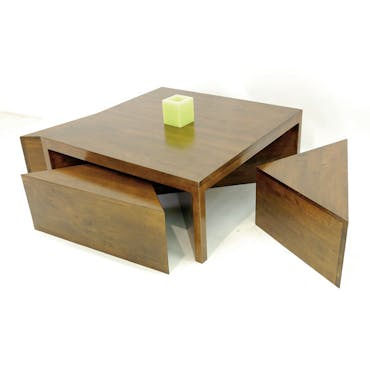  Table basse carrée hévéa + 4 tabourets 110cm OLGA