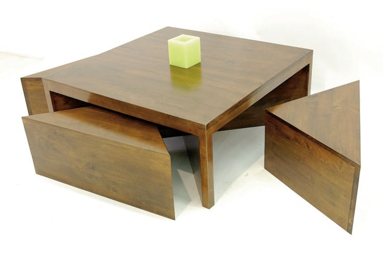 Table basse carrée hévéa + 4 tabourets 110cm OLGA