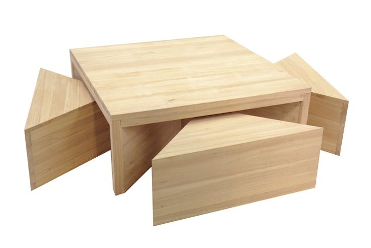 Table basse carrée hévéa + 4 tabourets 110cm OLGA