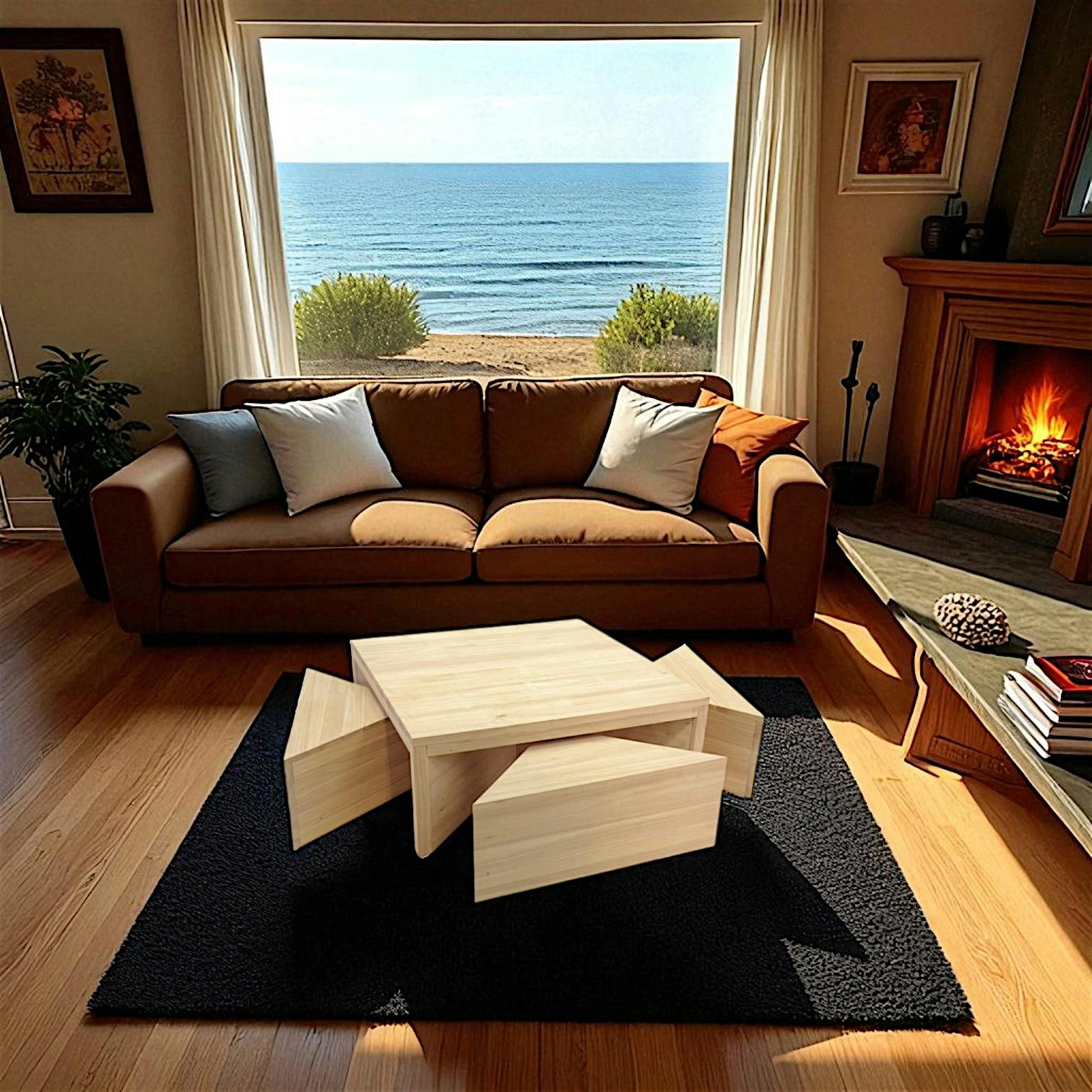 Table basse carrée hévéa + 4 tabourets 110cm OLGA