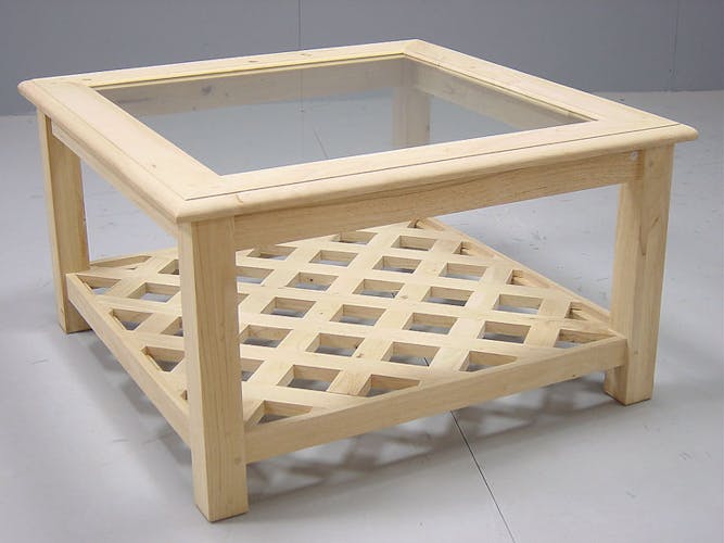 Table basse carrée Hévéa double plateaux - 1 vitré, 1 à croisillons - 80x80x45cm MAORI