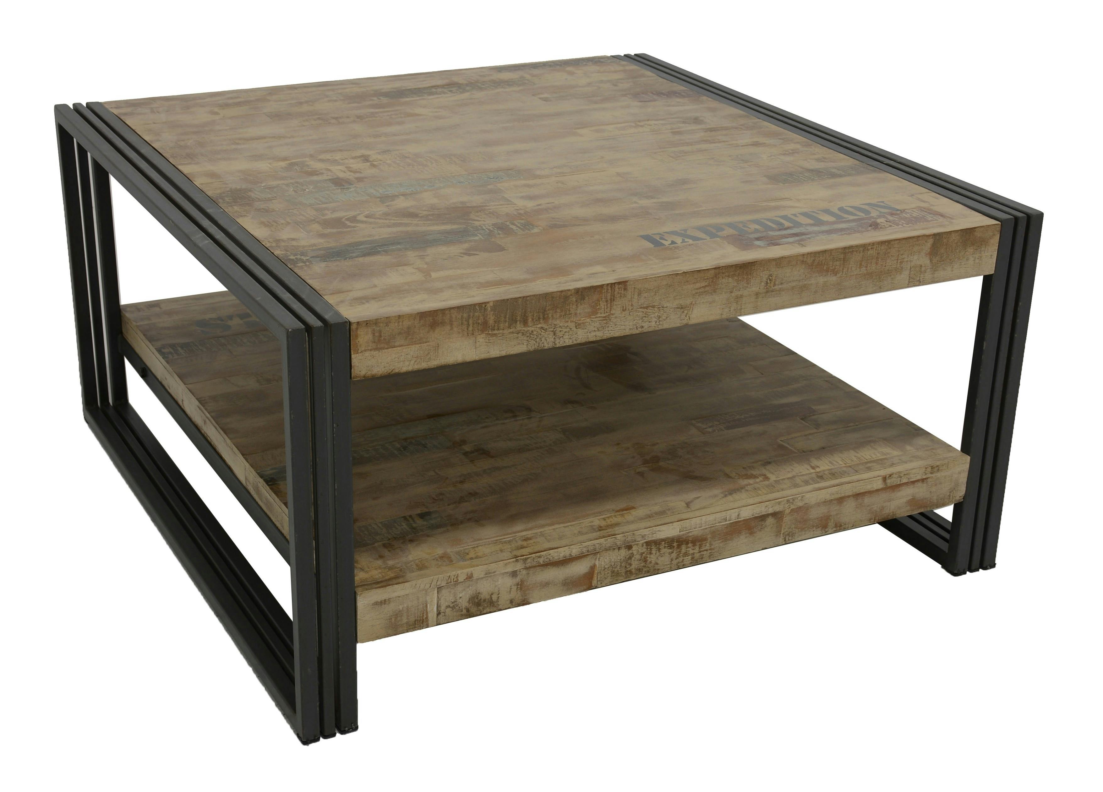 Table basse carrée hévéa recyclé blanchi et métal noirci 2 plateaux 90X90X45cm DOCKER