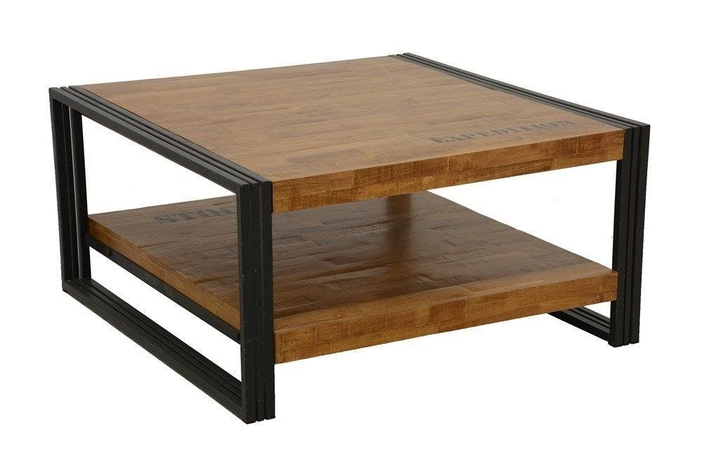 Table basse carrée hévéa recyclé naturel et métal noirci 2 plateaux 90X90X45cm DOCKER