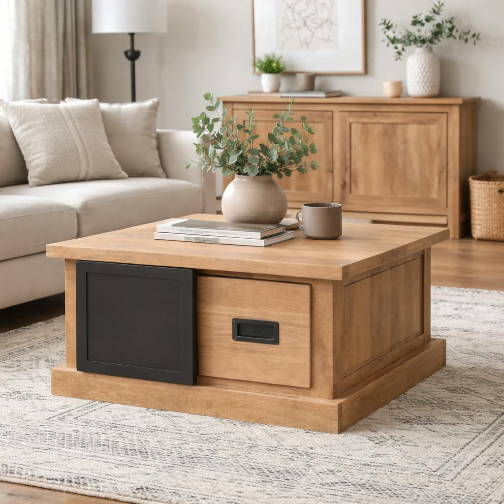 Table basse carrée industrielle moderne avec rangements CEYLAN