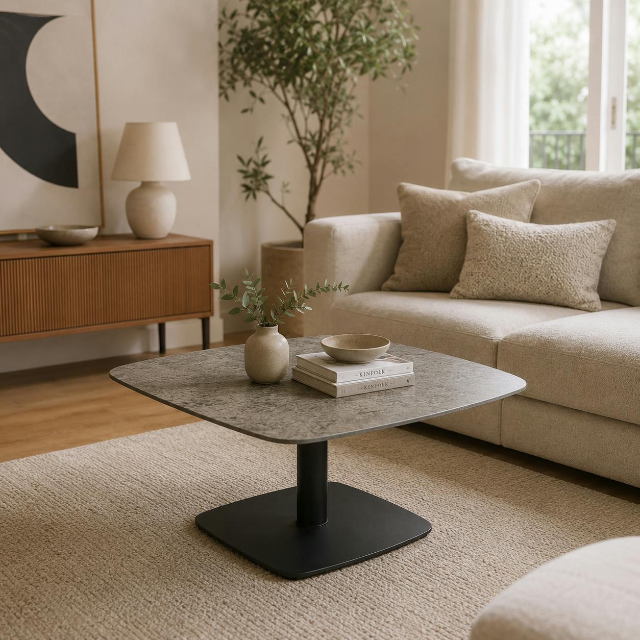 Table basse carrée relevable céramique effet métal LUGANO