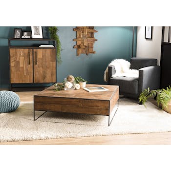 Table basse carree en bois recycle et metal de style contemporain