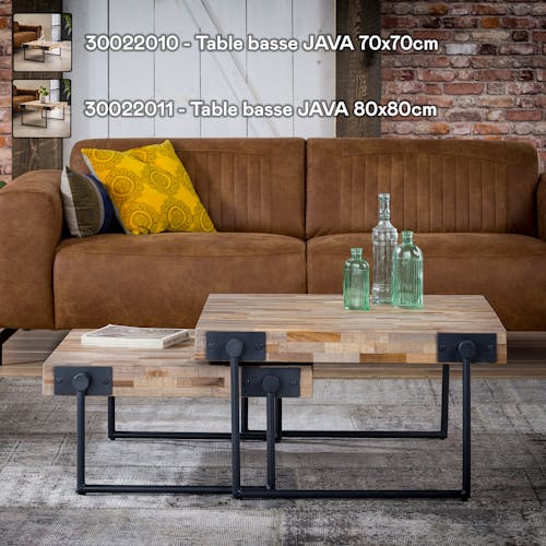 Table basse carree en bois recycle et metal de style contemporain