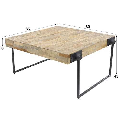 Table basse carree en bois recycle et metal de style contemporain