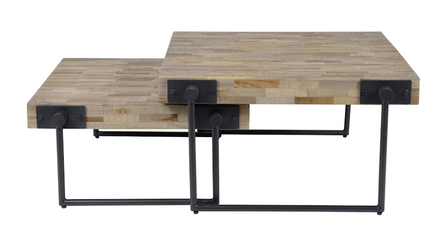Table basse carree en bois recycle et metal de style contemporain