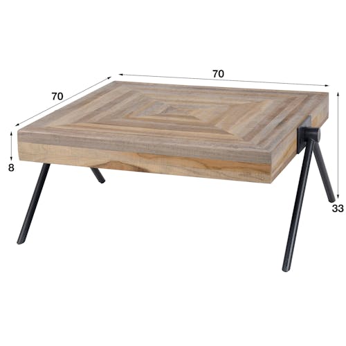 Table basse carree en bois recycle et metal de style contemporain
