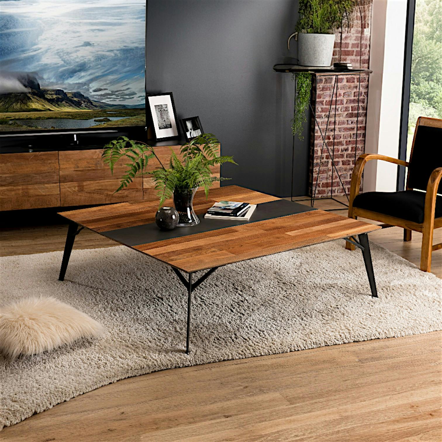 Table basse carrée teck recyclé métal 120x120 PANAMA