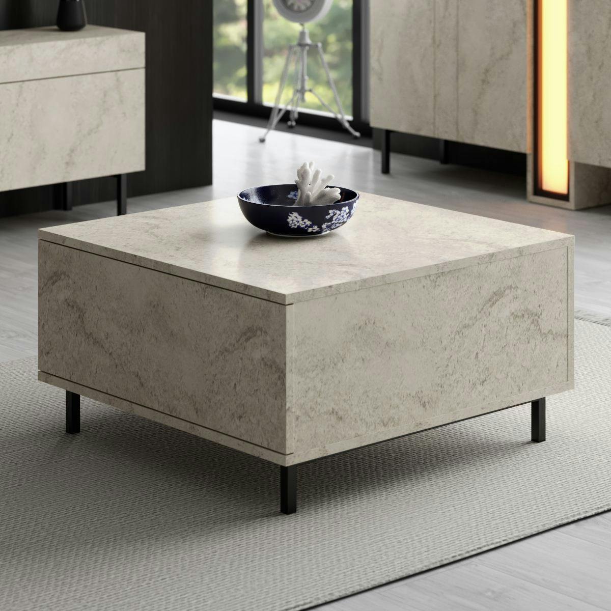 Table basse carrée travertin avec coffre de rangement AURA