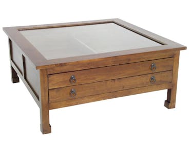  Table basse carrée vitré hévéa 100x100x40cm MAORI