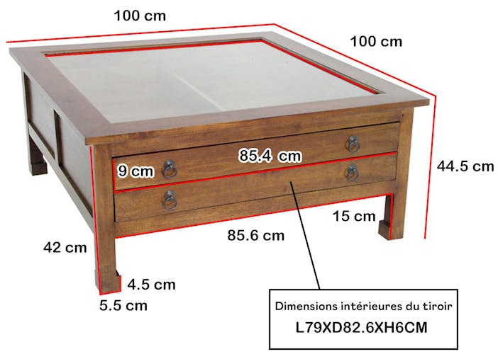 Table basse carrée vitré hévéa 100x100x40cm MAORI