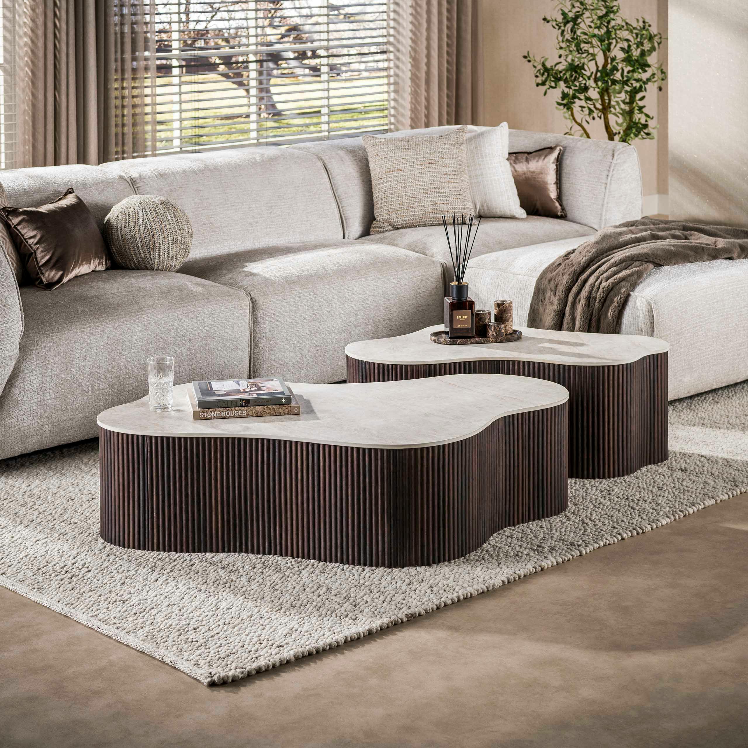 Table basse céramique 3D pied foncé 135 cm (lot de 2) MAHAL