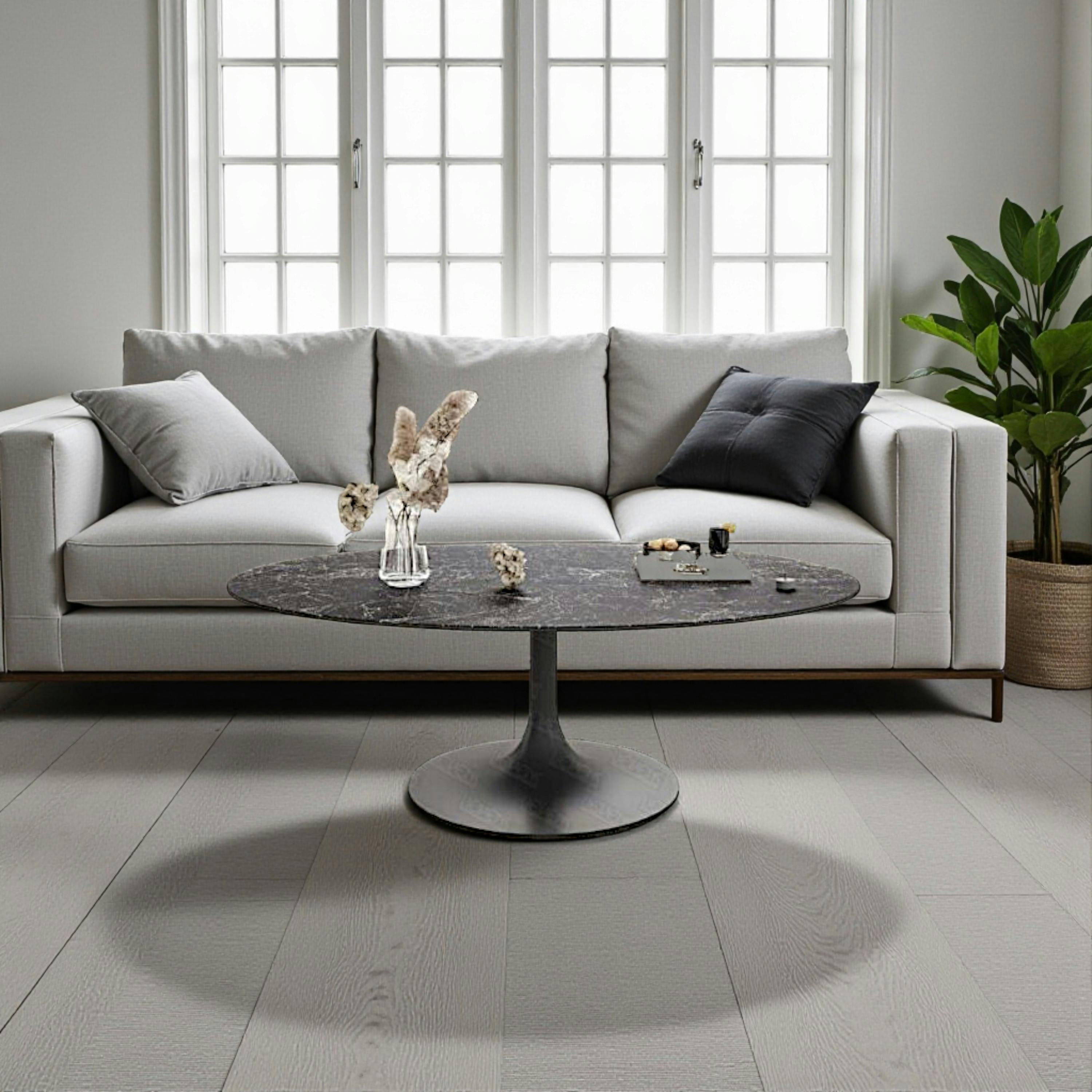 Table basse céramique grise marbrée ovale, pied tulipe LIGURIE