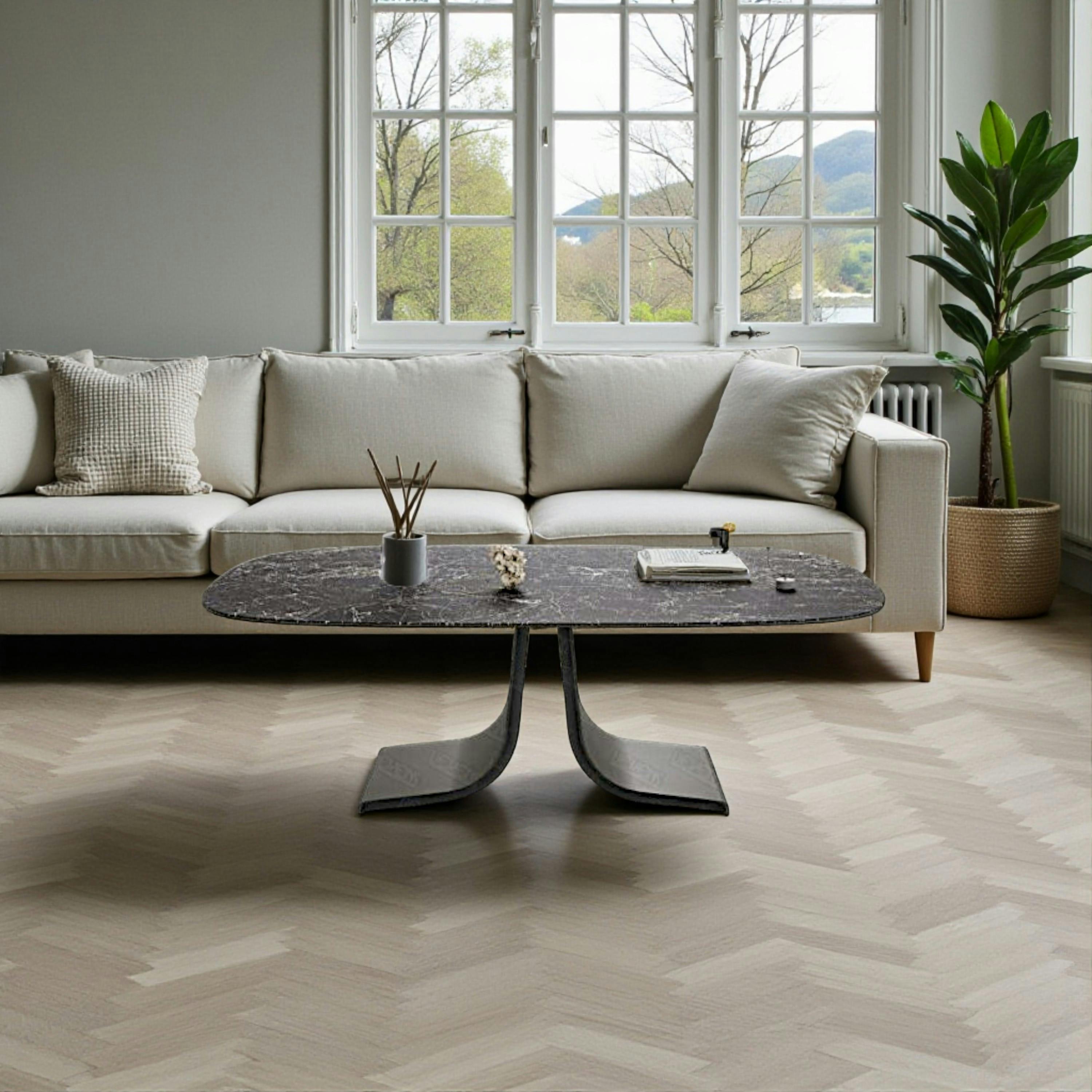 Table basse céramique grise marbrée pied ouvert LIGURIE