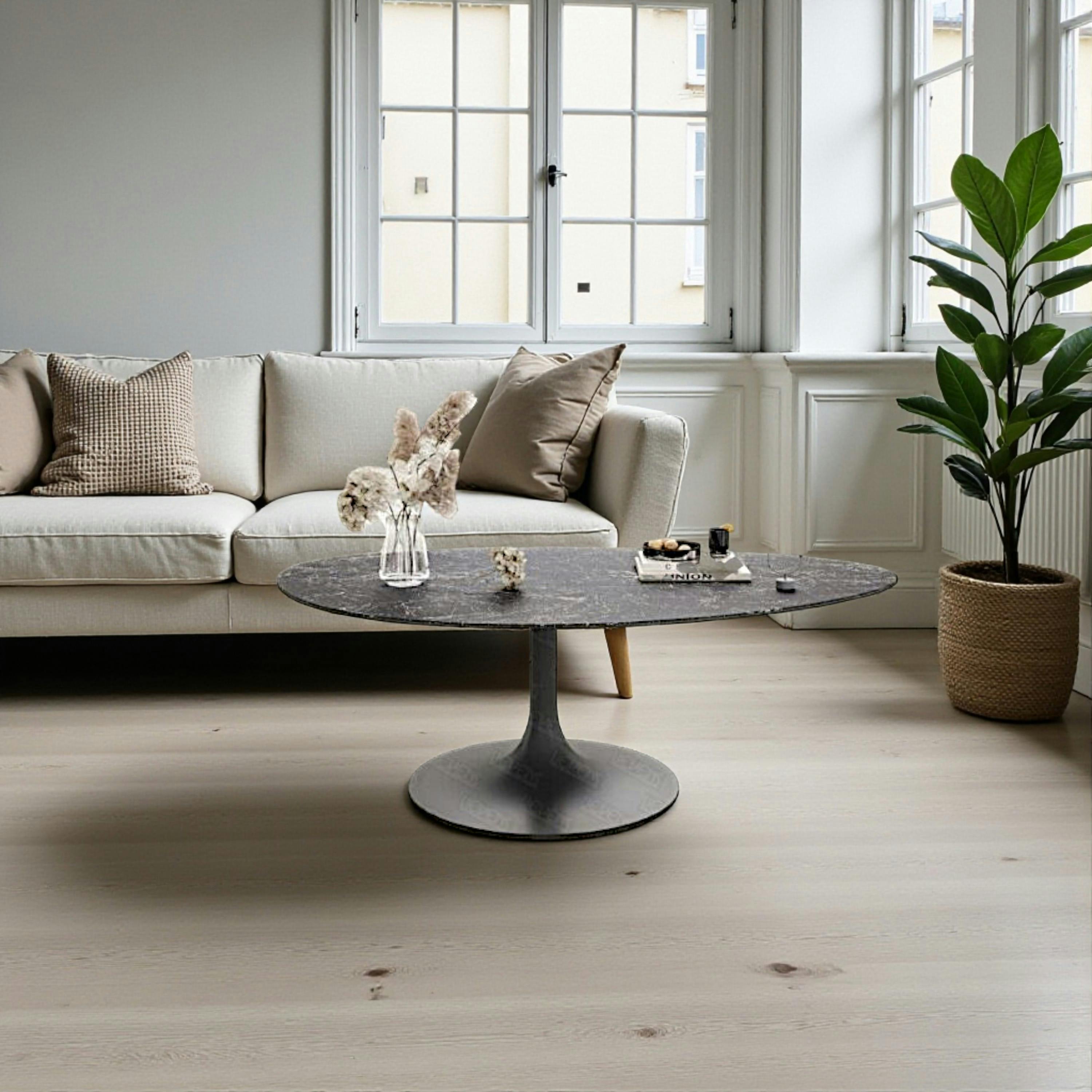 Table basse céramique grise marbrée, pied tulipe LIGURIE