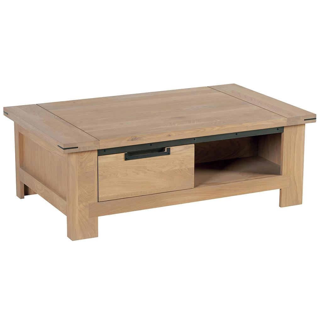 Table basse Chêne ciré et métal patiné 1 tiroir 115x70x40cm CUBA