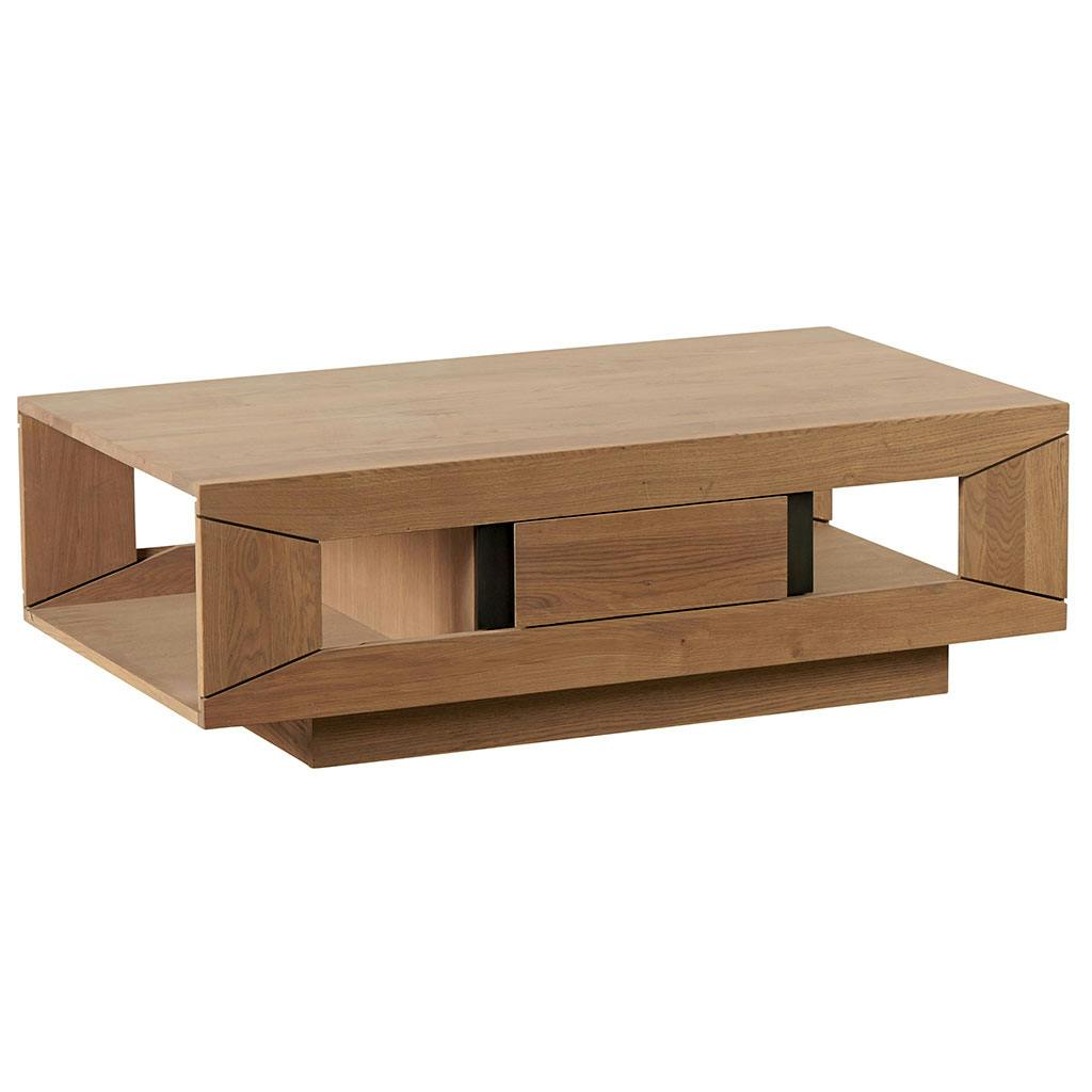 Table basse Chêne ciré et métal patiné double plateaux, 1 tiroir 115x65x36cm DARIO