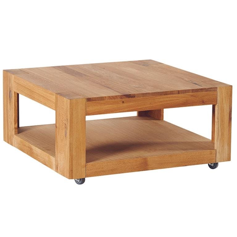 Table basse chêne double plateau roulettes 80x80x40cm ROMEO