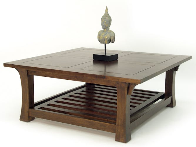 Table basse Chinoise Hévéa double plateaux - dont un ajouré - et pieds galbés 100x100x40cm MAORI