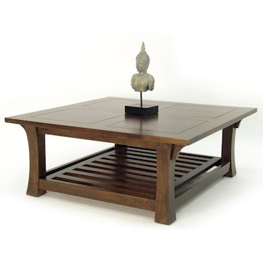  Table basse Chinoise Hévéa double plateaux - dont un ajouré - et pieds galbés 100x100x40cm MAORI