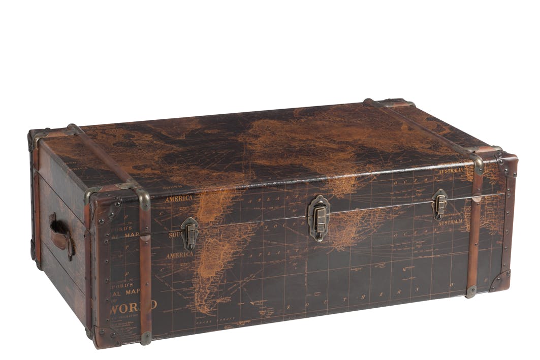 Table basse coffre motif carte du monde - 122x72x42cm