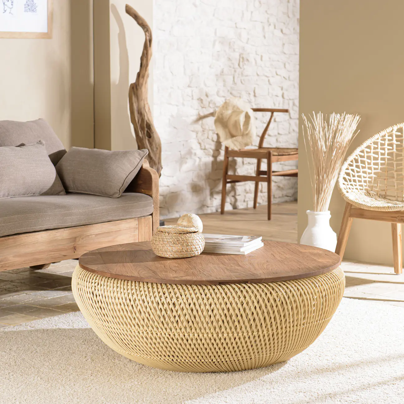 Table Basse Coffre Ronde Rotin Beige Et Teck Recycl 100 Cm SWING table-basse-coffre-ronde-rotin-beige-et-teck-recycl-100-cm-swing