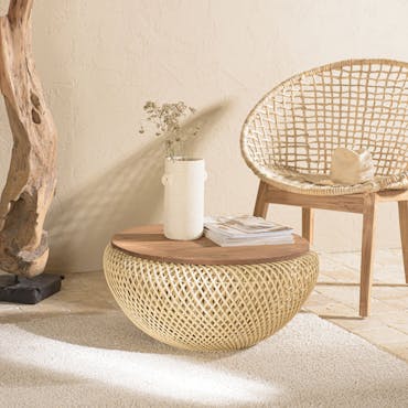  Table basse coffre ronde rotin beige et teck recyclé 66 cm SWING