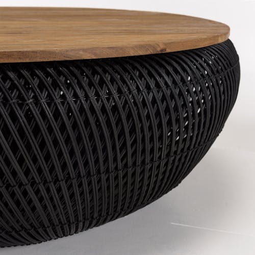 Table basse coffre ronde rotin noir et teck recyclé 100 cm SWING