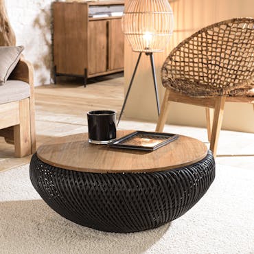  Table basse coffre ronde rotin noir et teck recyclé 81 cm SWING