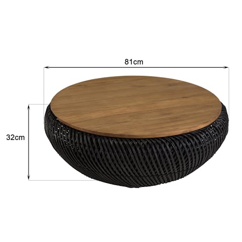 Table basse coffre ronde rotin noir et teck recyclé 81 cm SWING