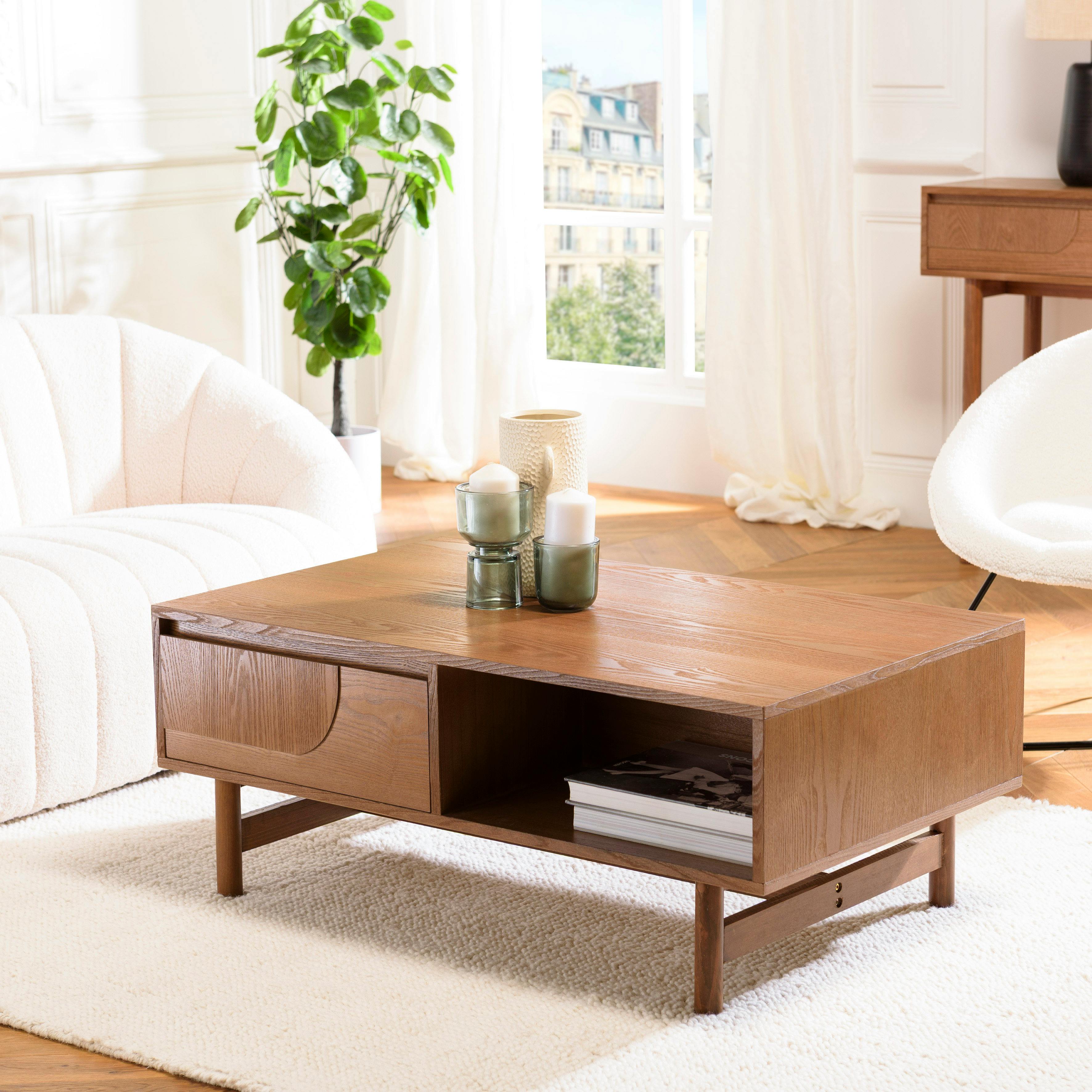 Table basse couleur naturelle 2 tiroirs motif arrondi 2 niches CORIA