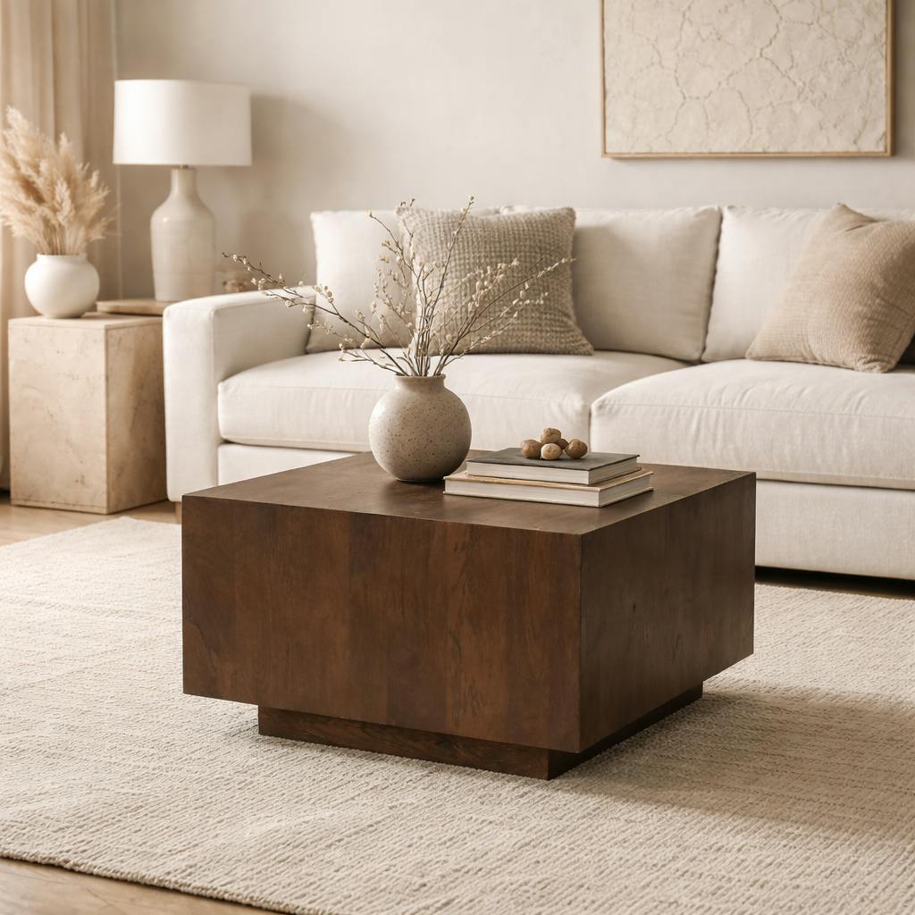 Table basse cube design en bois foncé 56 cm ALMA