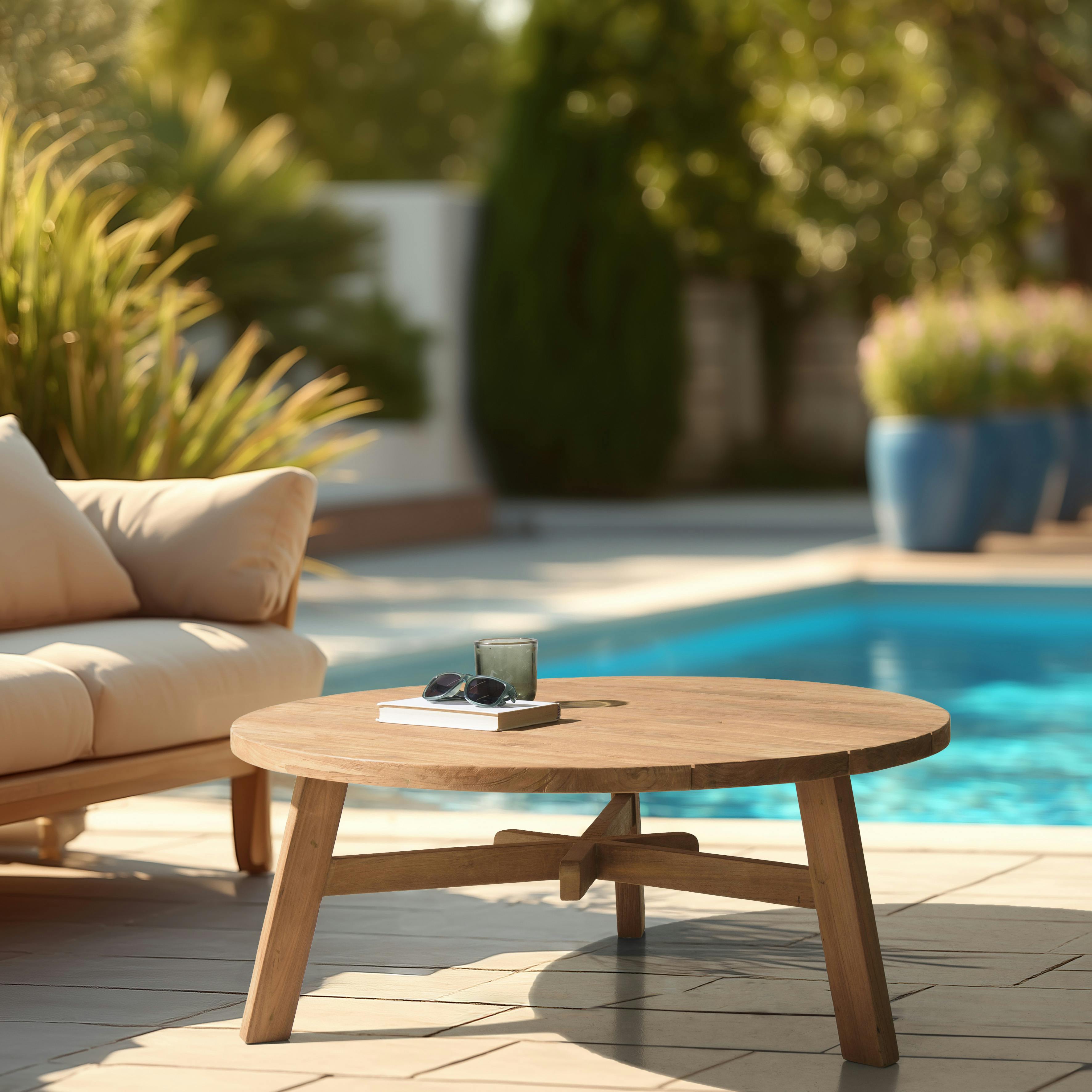 Table basse de jardin ronde en bois de teck recyclé naturel D95 cm SANTO