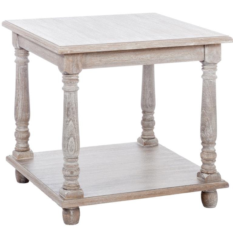 Table basse de salon carrée bois naturel patiné grisé blanchi à 2 niveaux L50xP50xH50cm PAOLIA